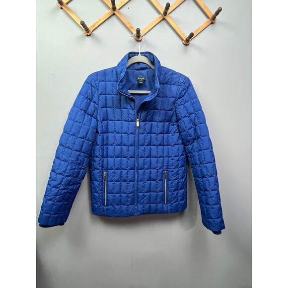 J Crew down filled full zip jacket Womens size Small gold zippers Blue Quilted - Picture 1 of 7